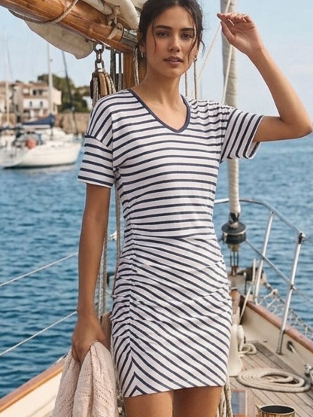 Sundry (Anthropologie) Striped Ruched Side Asymmetric T-Shirt Mini Dress Size 0